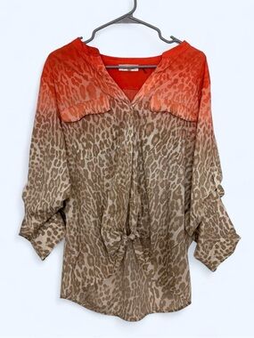 Calvin Klein Orange and Brown Leopard Ombre Tie-Front Blouse